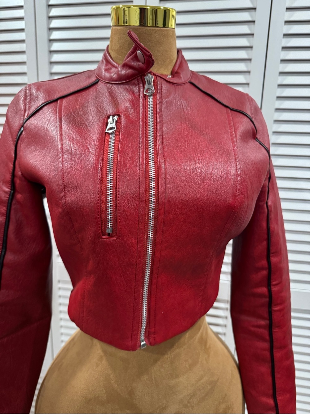 Forever 21 Red Leather Cropped Moto Jacket with Black Piping